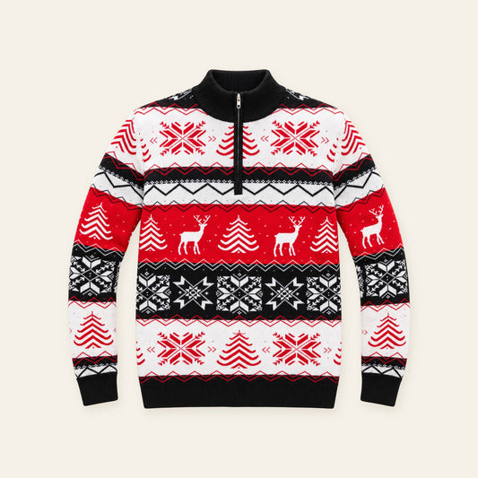 Men'S Christmas Reindeer Snowflake Zip Collar Sweater