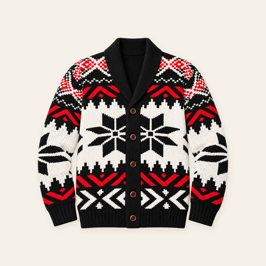 Men's Fair Isle Snowflake Christmas Shawl Collar Button Cardigan Sweater