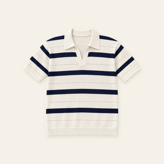 Men's Navy Striped Lapel Hollow‑Out Short‑Sleeve Knit Polo