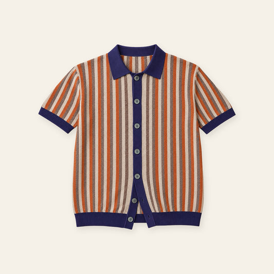 Men's Retro Vertical‑Stripe Lapel Short‑Sleeve Knit Cardigan