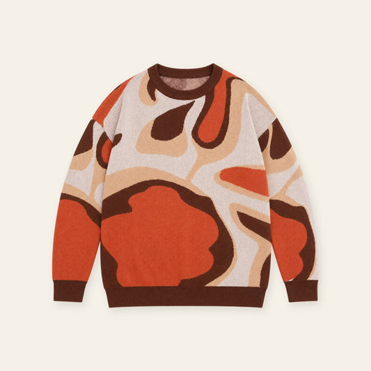 Retro Abstract Curved Print Men’s Crew Neck Sweater