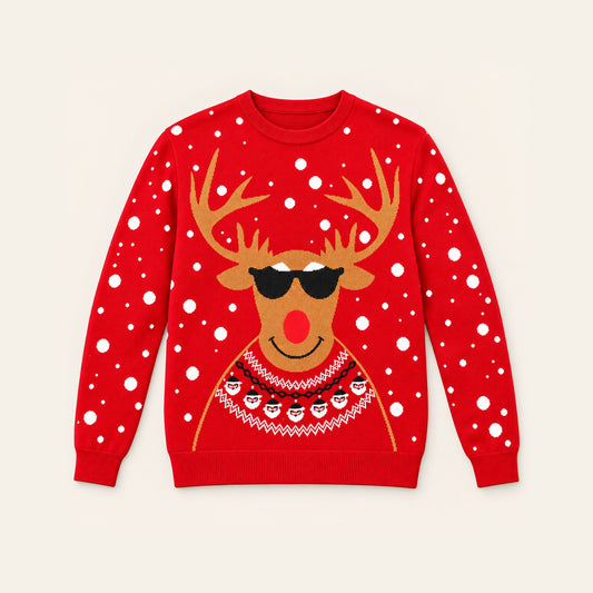 Vibrant Red Christmas Reindeer Knit Sweater