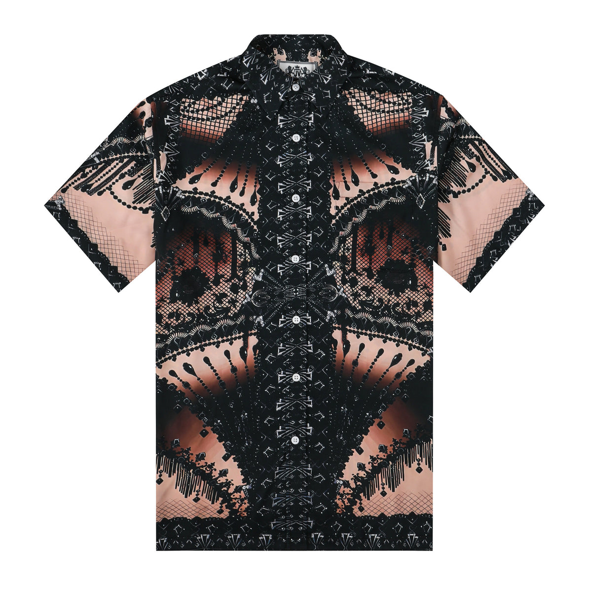 Black Beaded Lace Design Silk Fiber Short Sleeve Shirt