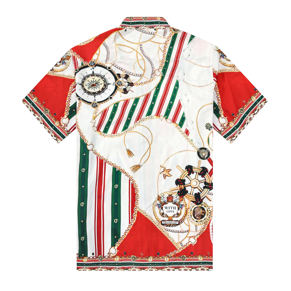 Red Green Chain Pattern Silk Fiber Short Sleeve Shirt