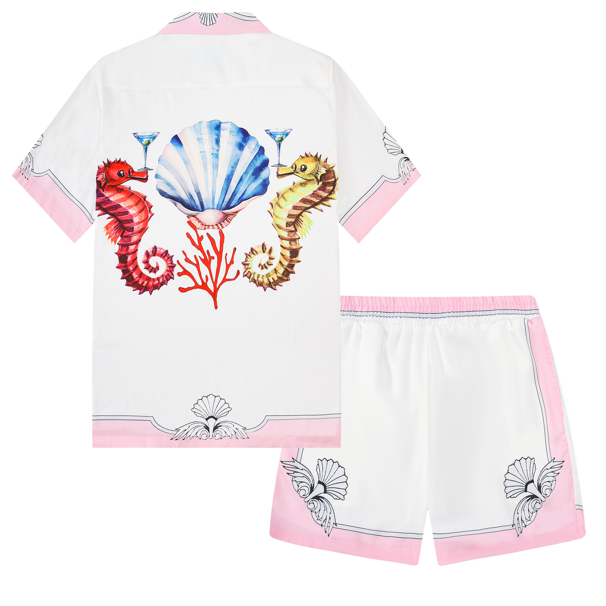 Marine Seahorse Pattern Short Sleeve Camp Collar Shirt
