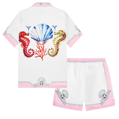 Marine Seahorse Pattern Short Sleeve Camp Collar Shirt