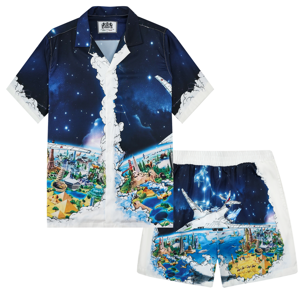 Airplane Starry Night Print Short Sleeve Camp Collar Shirt